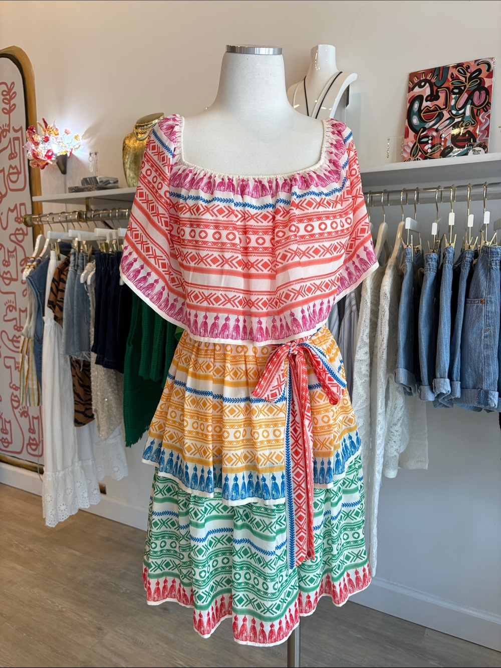 Flying Tomato, Colorful Tiered Off-Shoulder Sundress with Belt, sz Medium
